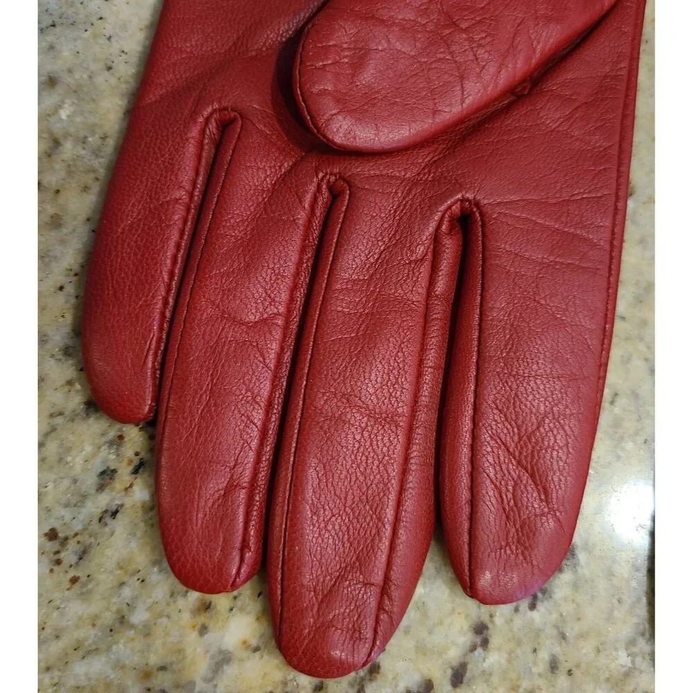 Merona Womens Size S/M Red Leather Lined Winter Gloves 3 Buckle Accent